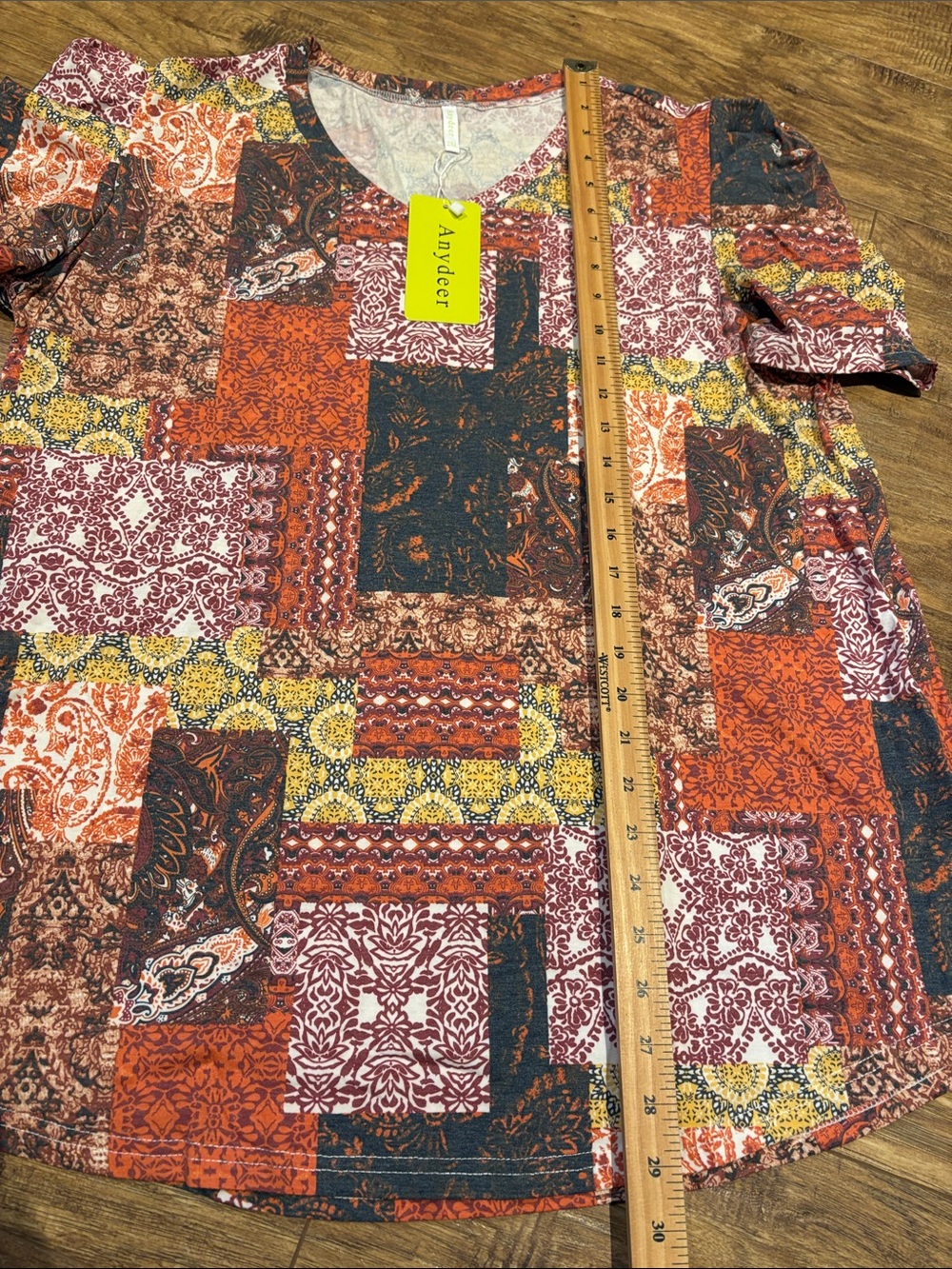 Rust Multi Patchwork V-Neck Short Sleeve Top - Picture 5 of 10